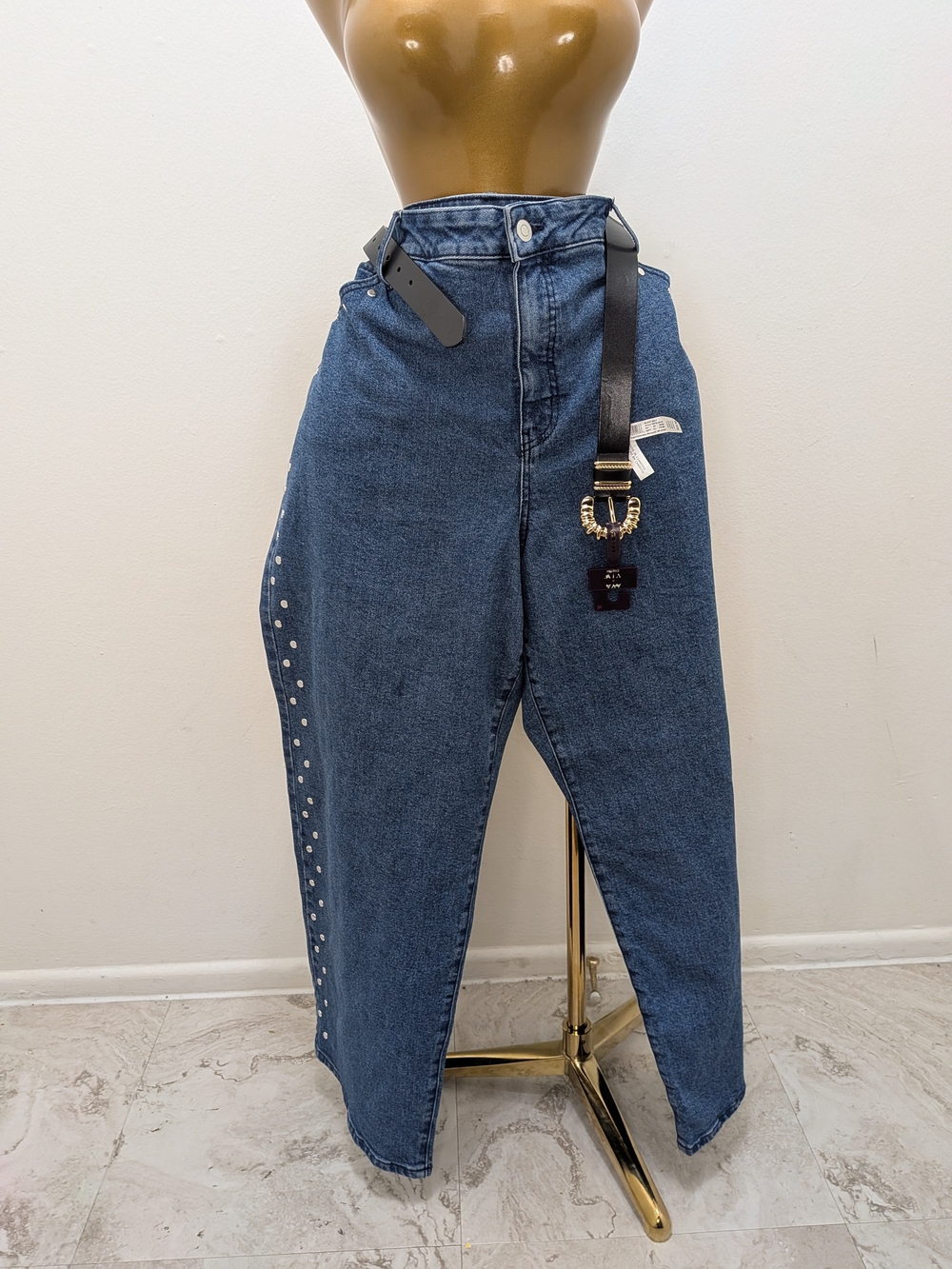 High-Waist Dark Blue Women’s Jeans with Stud Detail